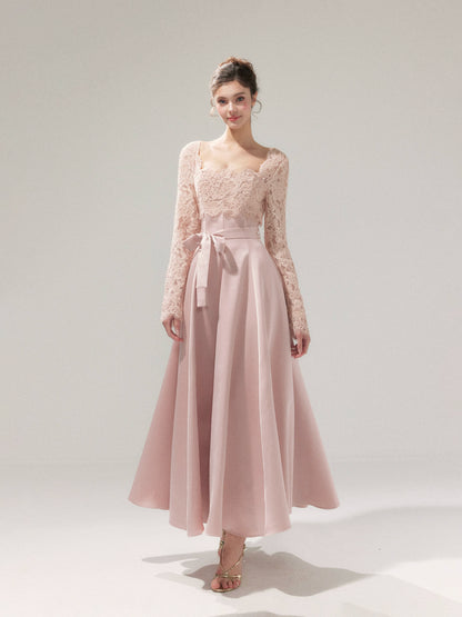 Lace Cinched-Waist Full-Skirt Evening Dress