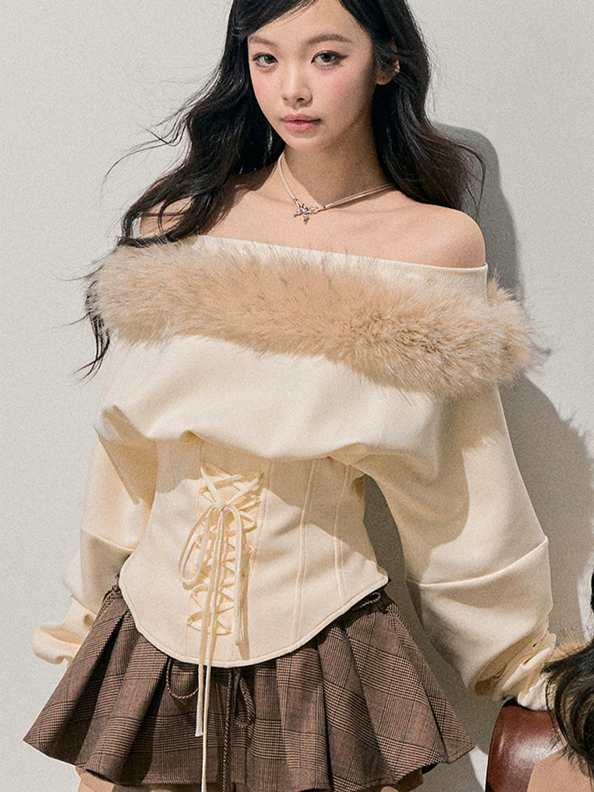 French Off-Shoulder Fuzzy Knit T-Shirt