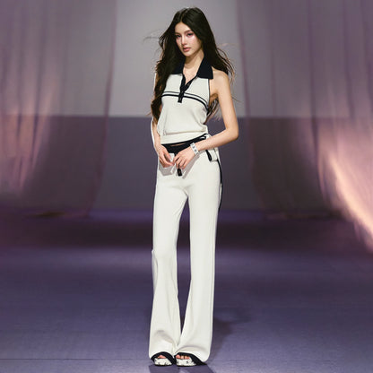 Relaxed Polo Halter Knit Top &amp; Flared Knit Pants Set