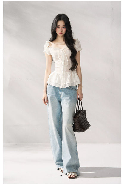 Cotton-Linen Fitted Short Sleeve Top