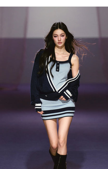 Striped Deep V Knit Dress &amp; Cardigan Set