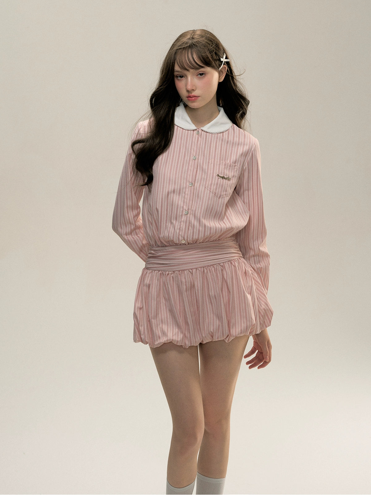 Pink Striped Bow-tie Collar Dress