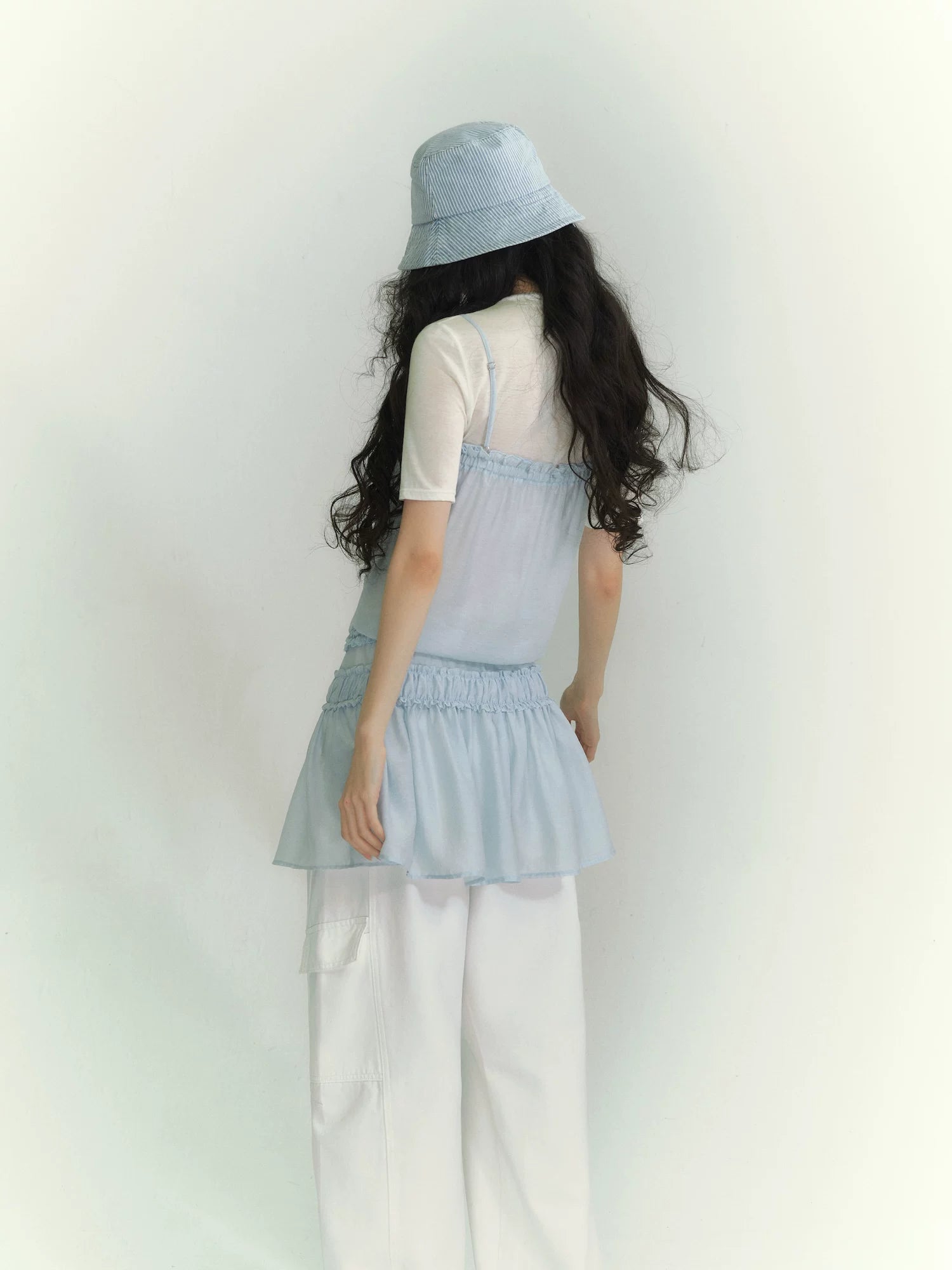 Layered Ruffle Strap Dress &amp; Sheer High-Neck Tee Set
