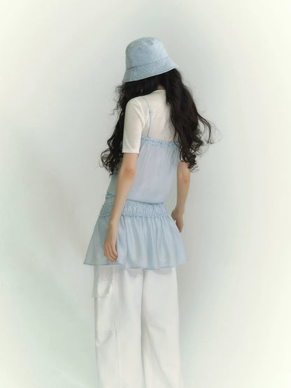 Layered Ruffle Strap Dress &amp; Sheer High-Neck Tee Set