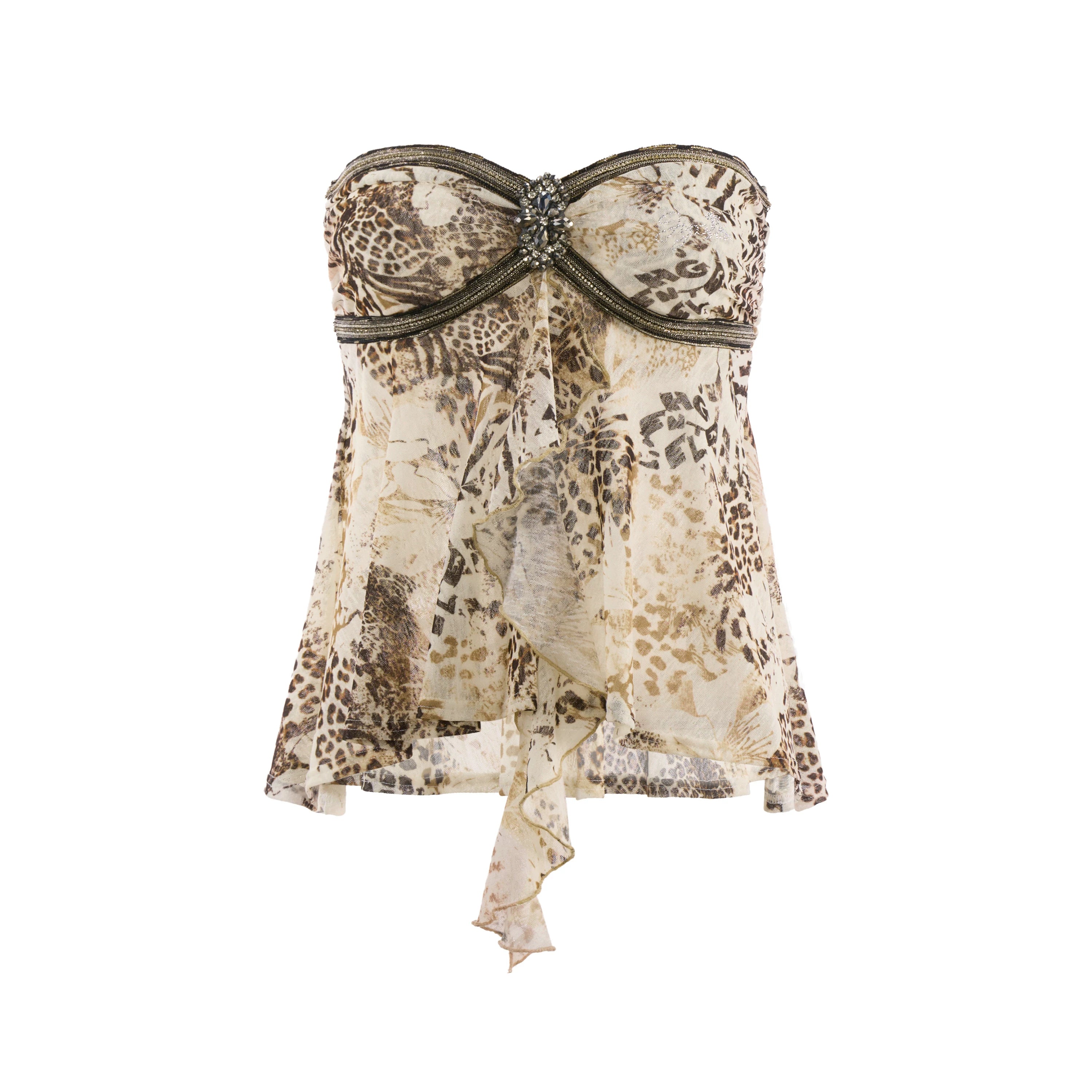 Asymmetric Leopard Print Ruffle Trim Bandeau