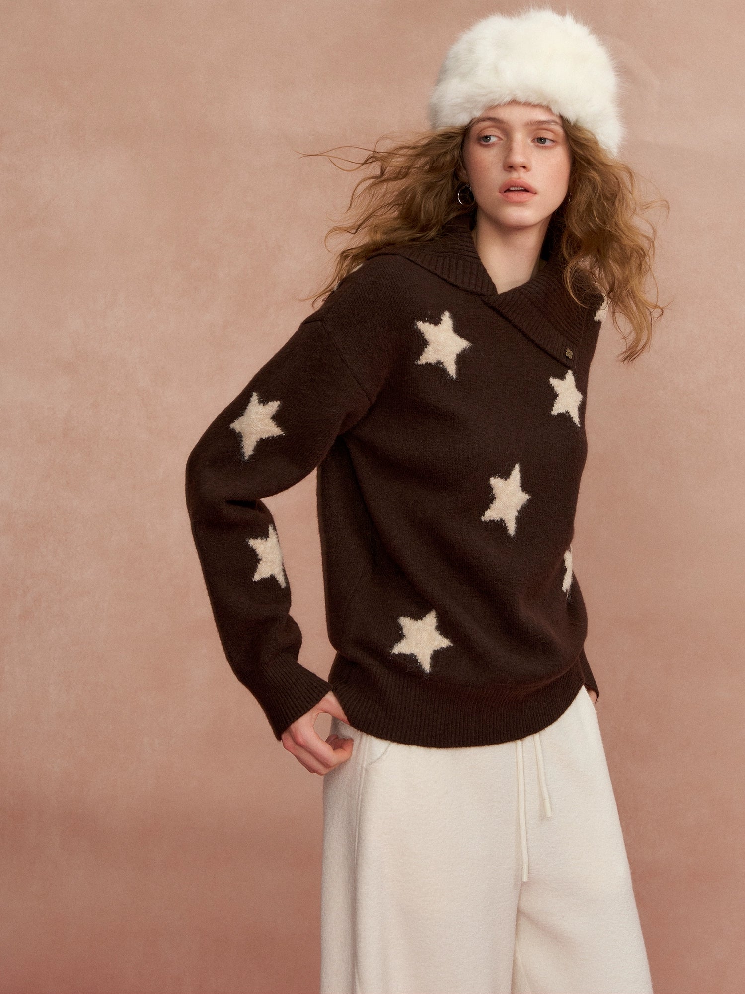 Asymmetric Star-Pattern Knit Sweater