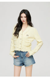 Milk Yellow & Gray V-Neck Knit Cardigan - CHINASQUAD