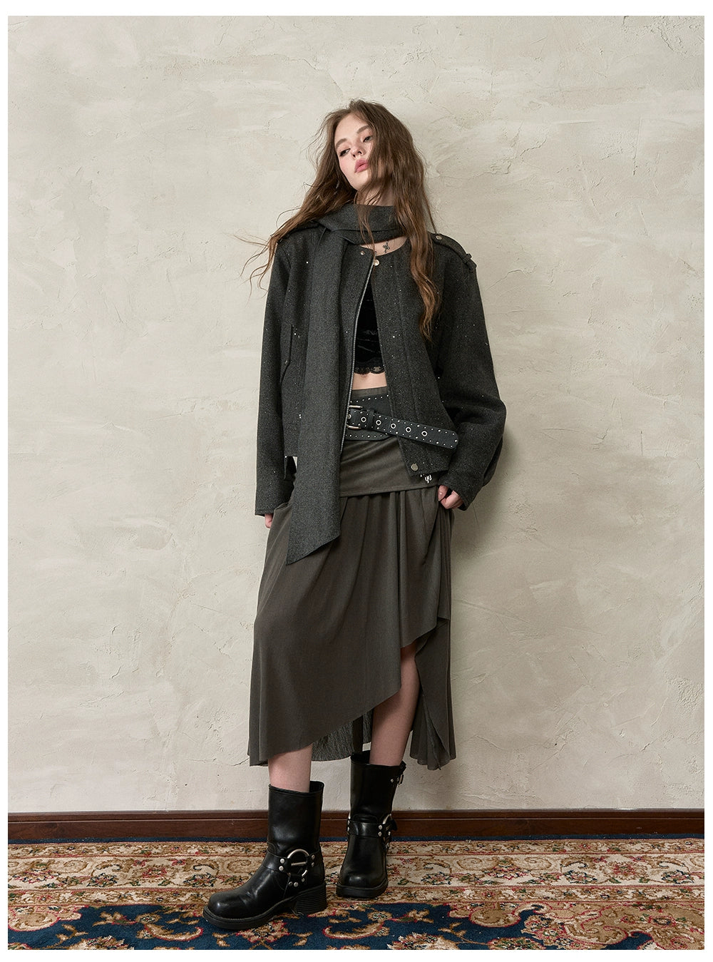Wool Blend Scarf Detail Relaxed Jacket