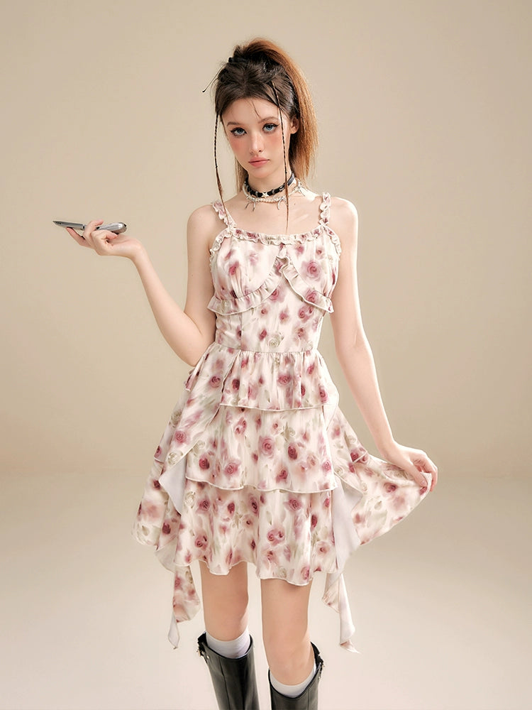 Apricot Floral Asymmetrical Strap Dress