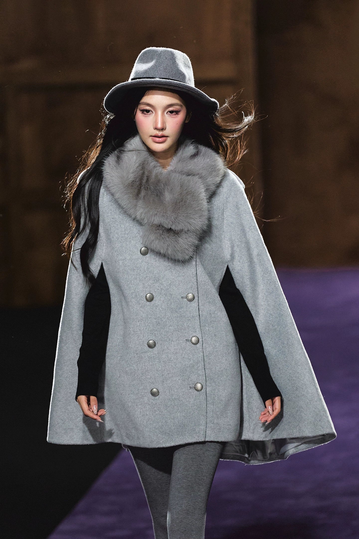 Wool-Blend Detachable Fur-Collar Cape Coat
