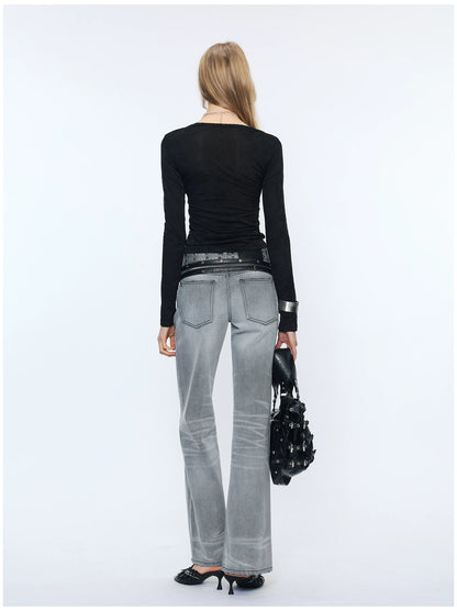 Straight-Leg Washed Denim Jeans