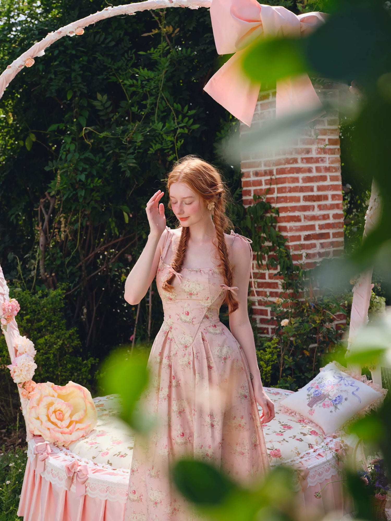 French Sweet Floral Corset Slip Pink Dress