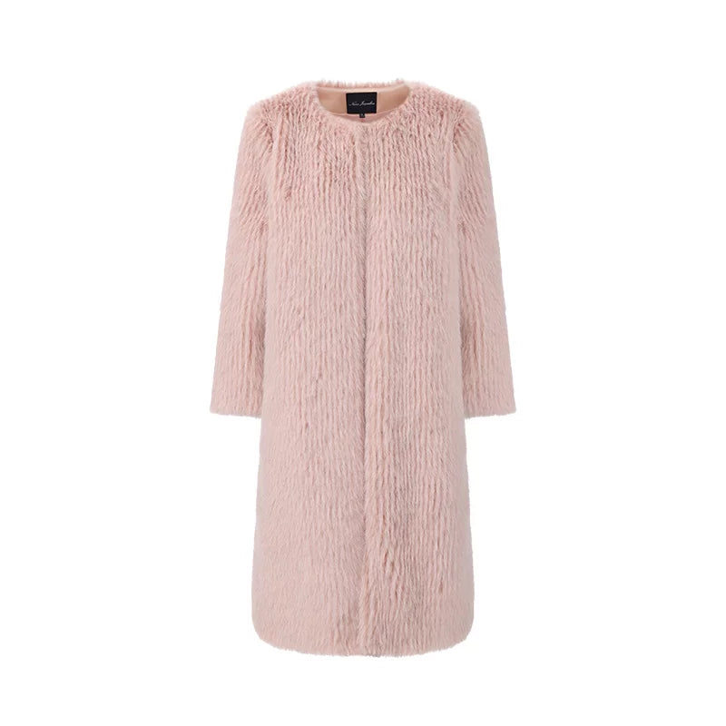 Round-Neck Eco-Faux Fur Long Coat