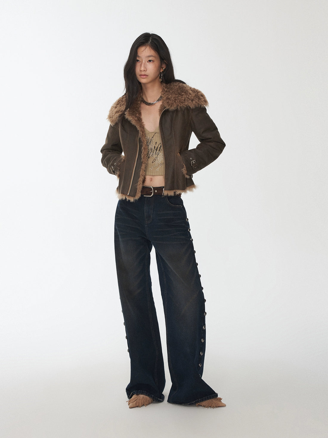 Faux Shearling-Lined Washed Leather Slim Jacket