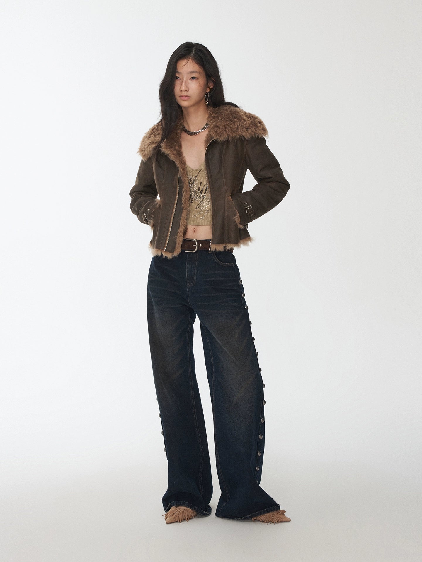 Faux Shearling-Lined Washed Leather Slim Jacket