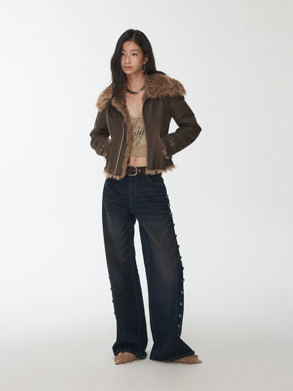 Faux Shearling-Lined Washed Leather Slim Jacket