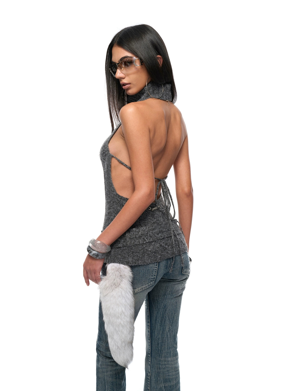 Backless High-Neck Cable-Knit Sweater