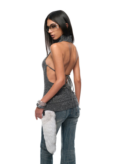 Backless High-Neck Cable-Knit Sweater