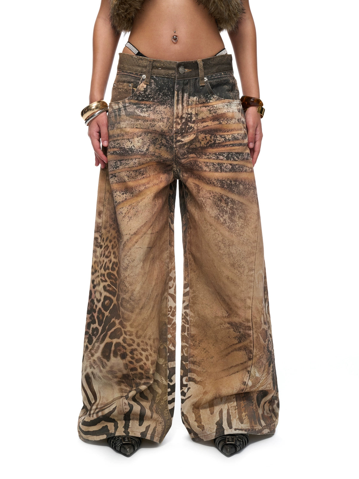 Washed Wide-Leg Printed Denim Pants