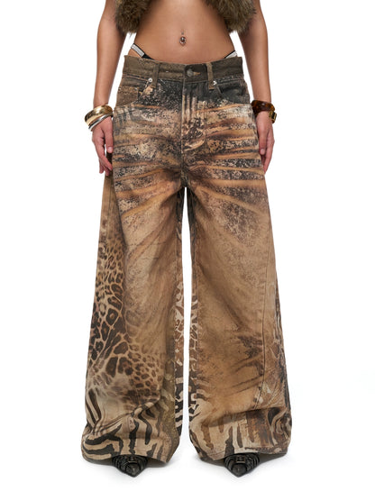Washed Wide-Leg Printed Denim Pants