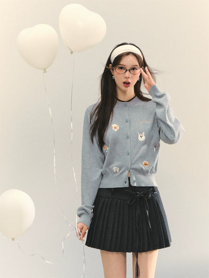Dog Embroidery Crew Neck Knit Cardigan