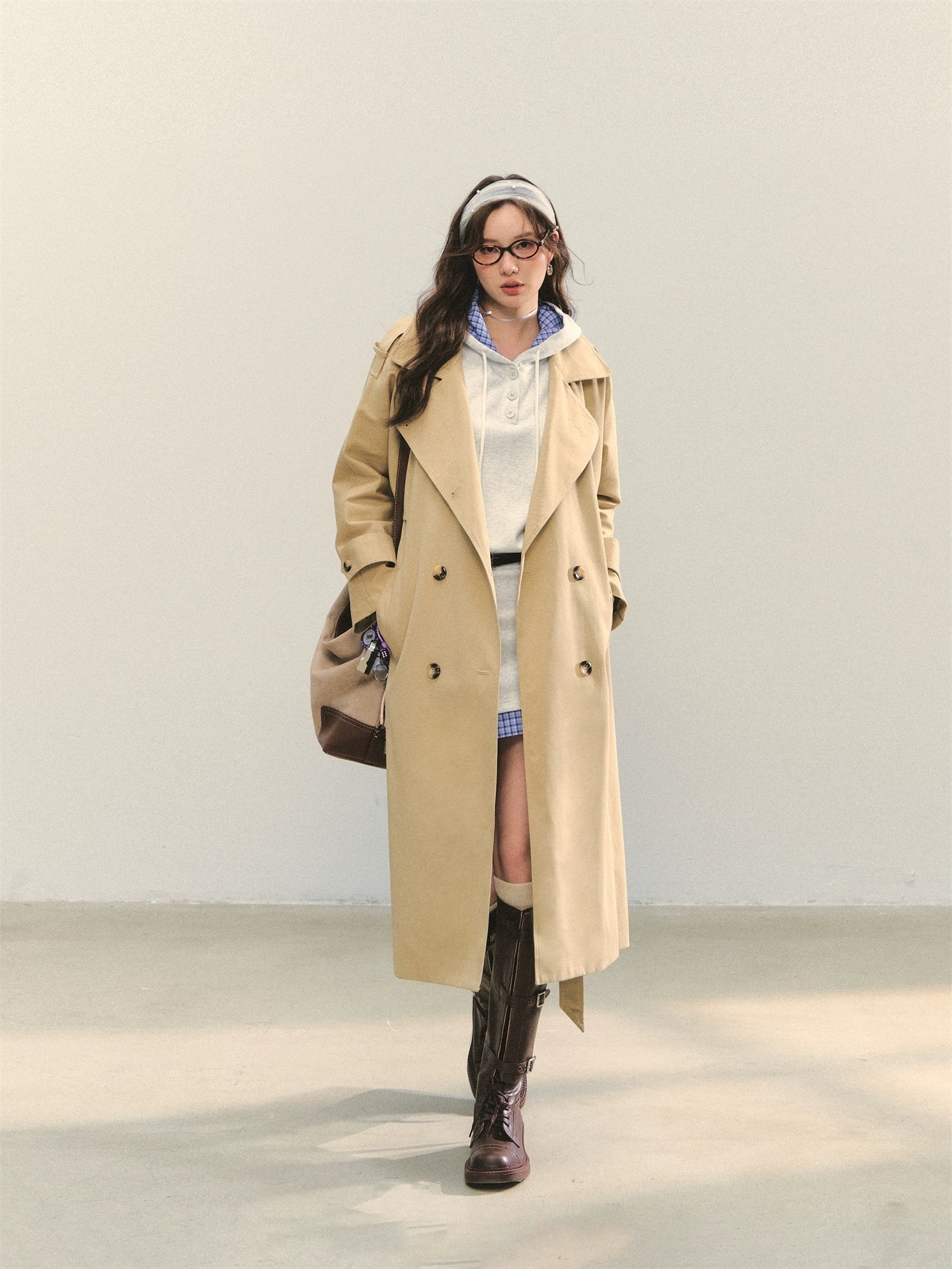 Embroidered Lapel KhakiTrench Coat