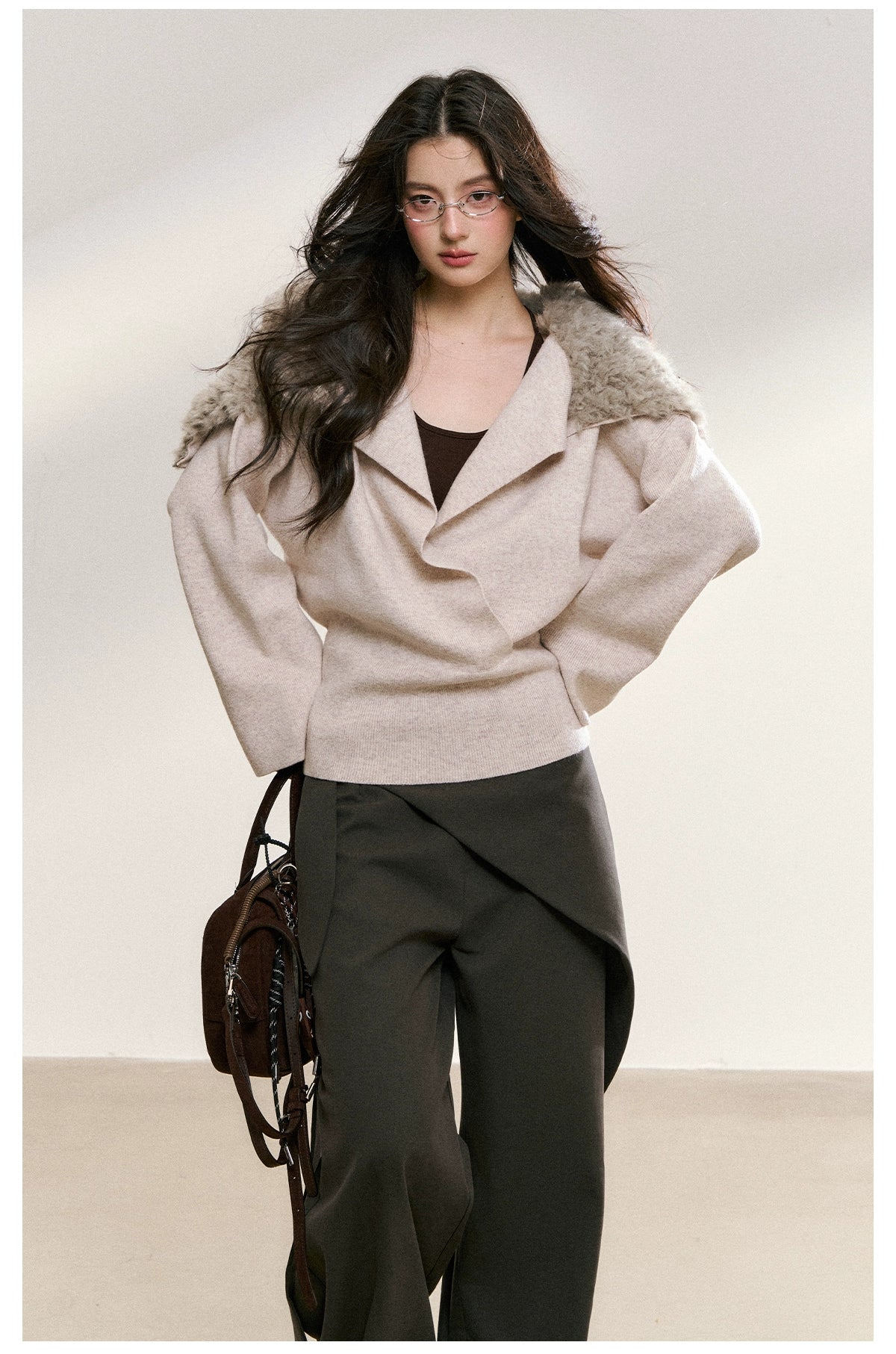 Gray Drape Wide-Leg Asymmetric Trousers