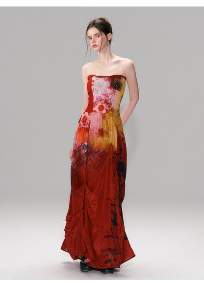 Vintage Red Strapless Printed Maxi Dress