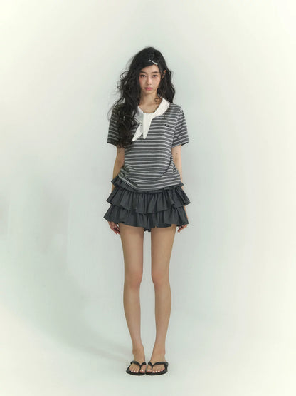 Tie-Neck Sailor Collar Striped Short Sleeve T-Shirt