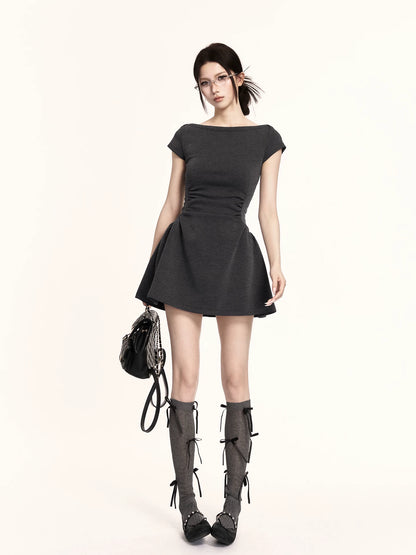Sculpted Boat-Neck Waist-Defined Mini Dress