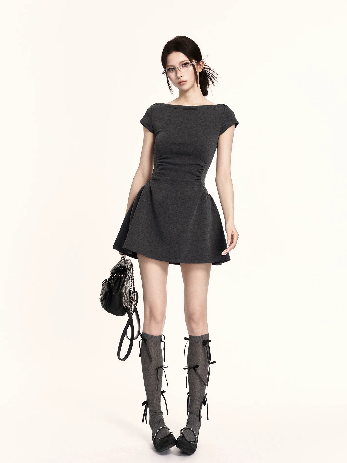Sculpted Boat-Neck Waist-Defined Mini Dress
