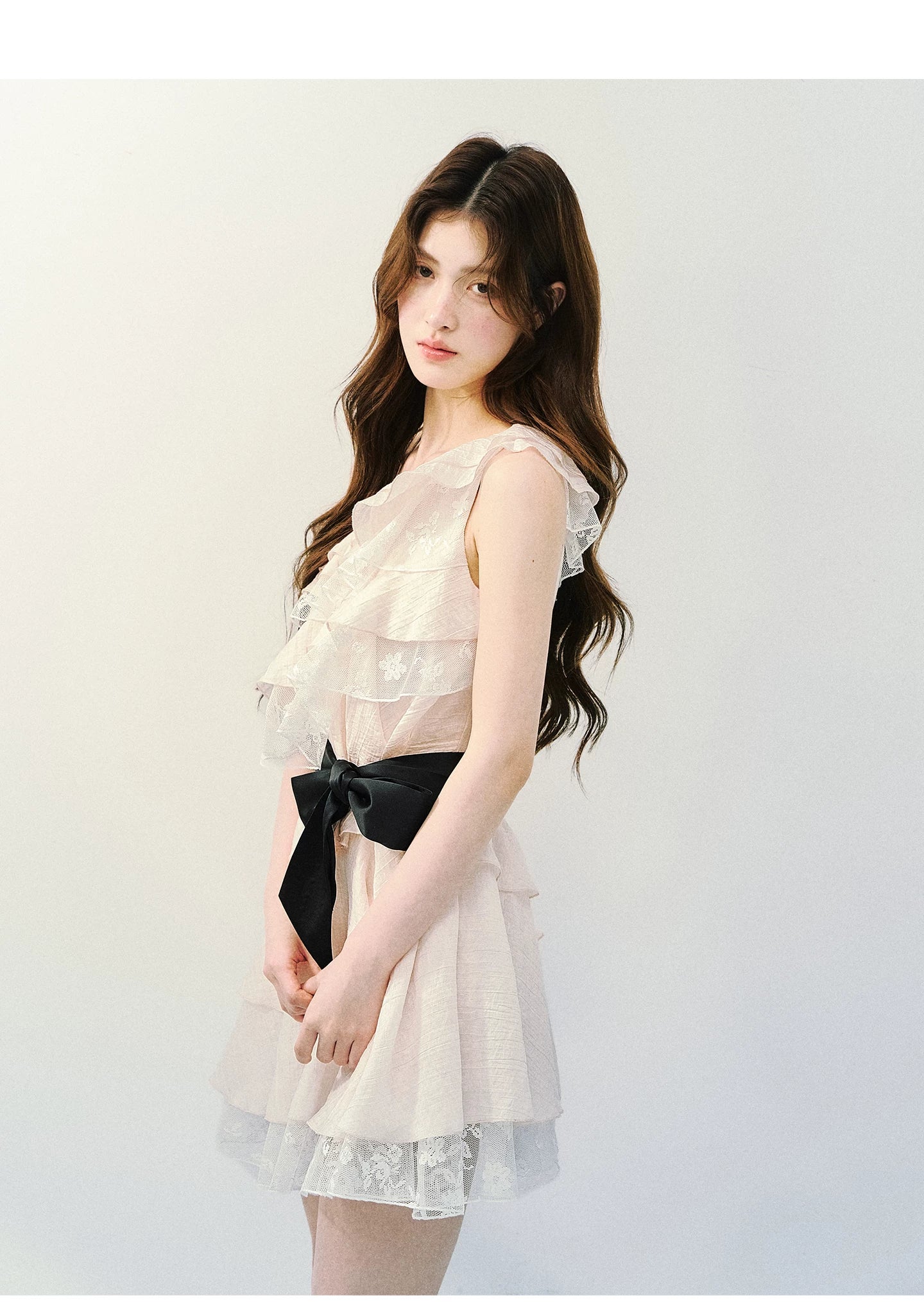 Asymmetric Lace Tiered Ruffle Dress