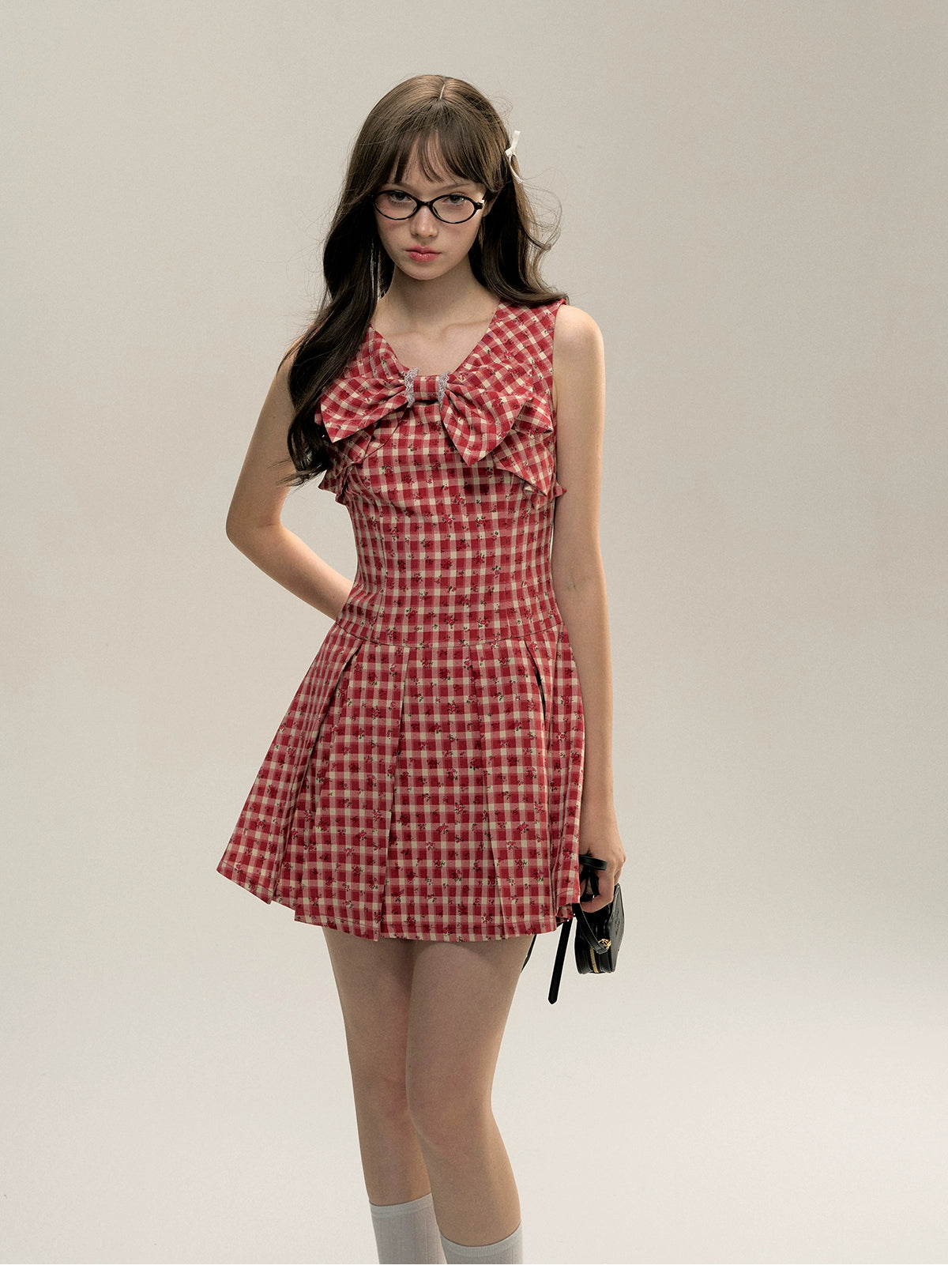 Red Gingham Sleeveless Round-neck Dress