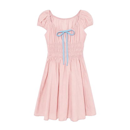 French Floral Tie-Waist Square Neck Puff Sleeve Dress