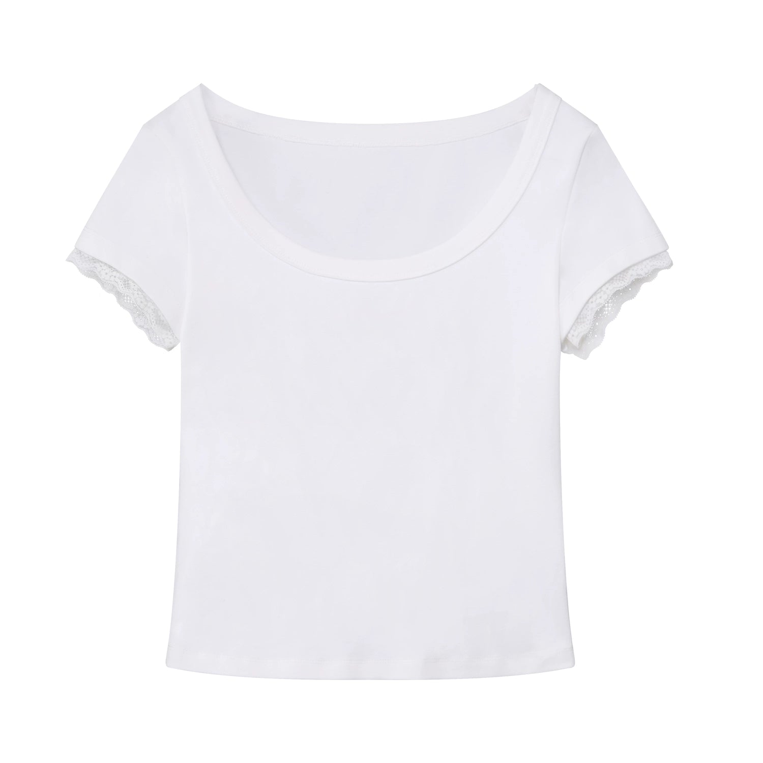 Lace Trim Scoop Neck Fitted Cotton T-Shirt