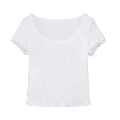 Lace Trim Scoop Neck Fitted Cotton T-Shirt