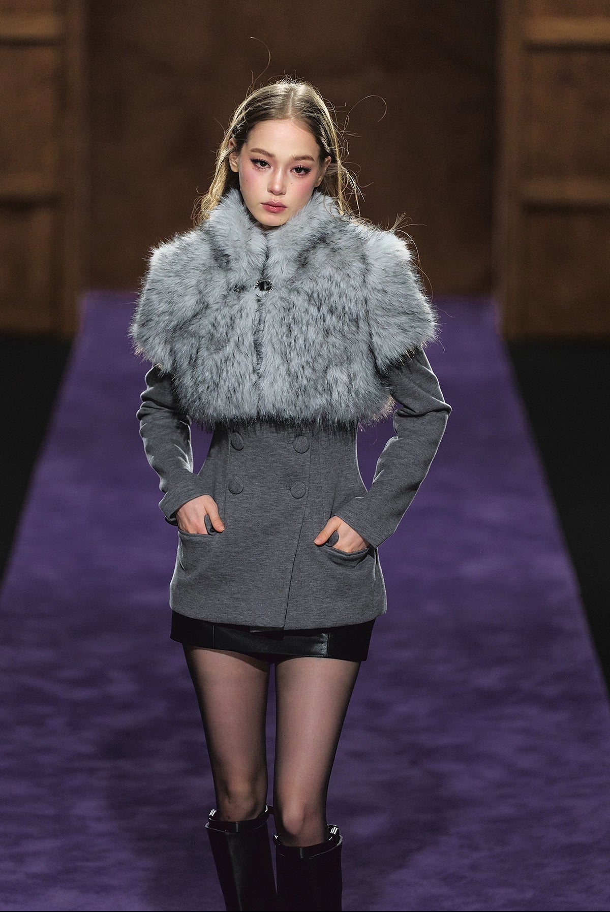 Faux Fur Collar Layered Double-Breasted Blazer Set