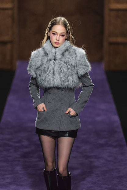 Faux Fur Collar Layered Double-Breasted Blazer Set