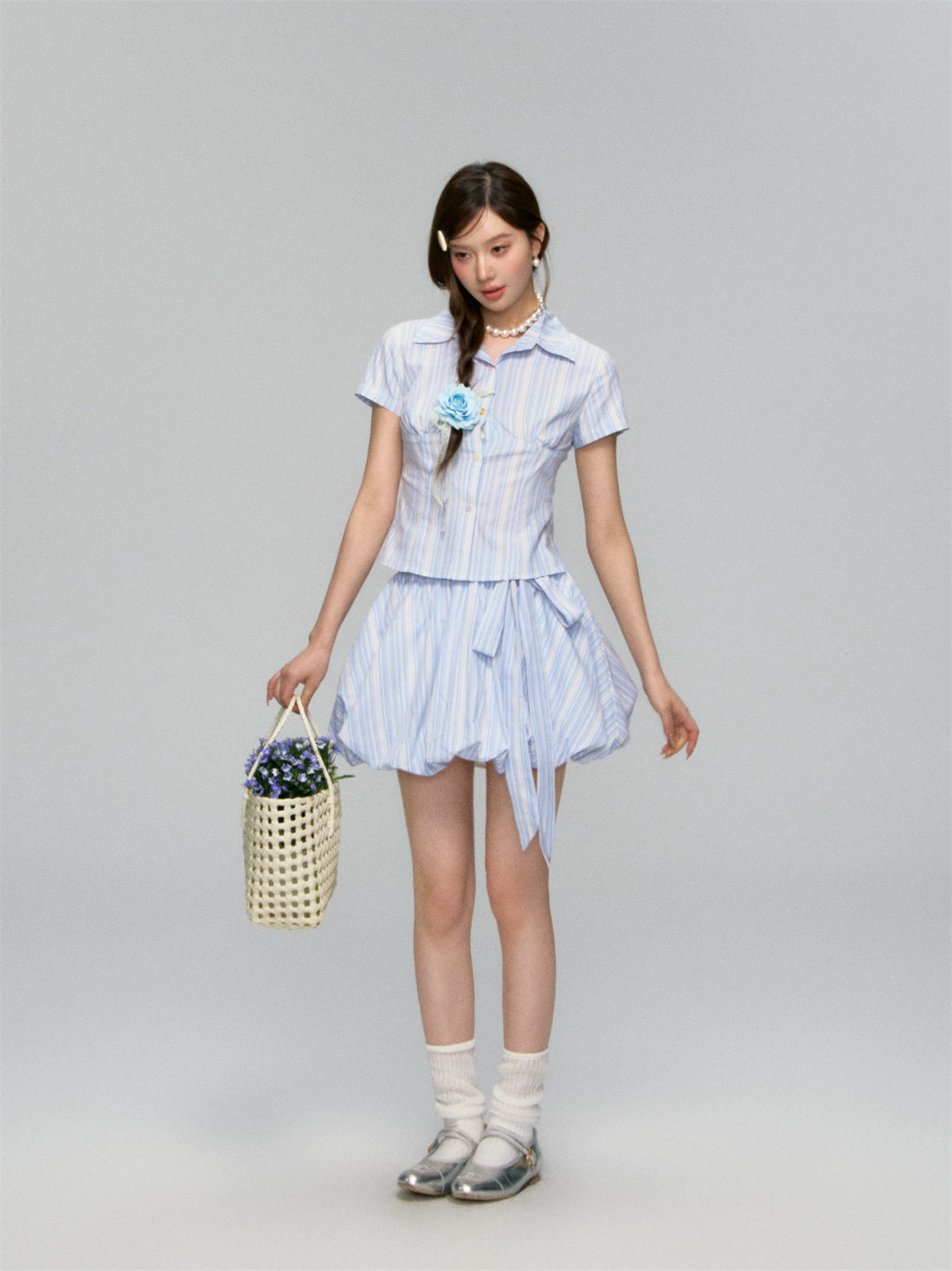 Colorful Buttons Striped College - Style Shirt &amp; Skirt Set - CHINASQUAD