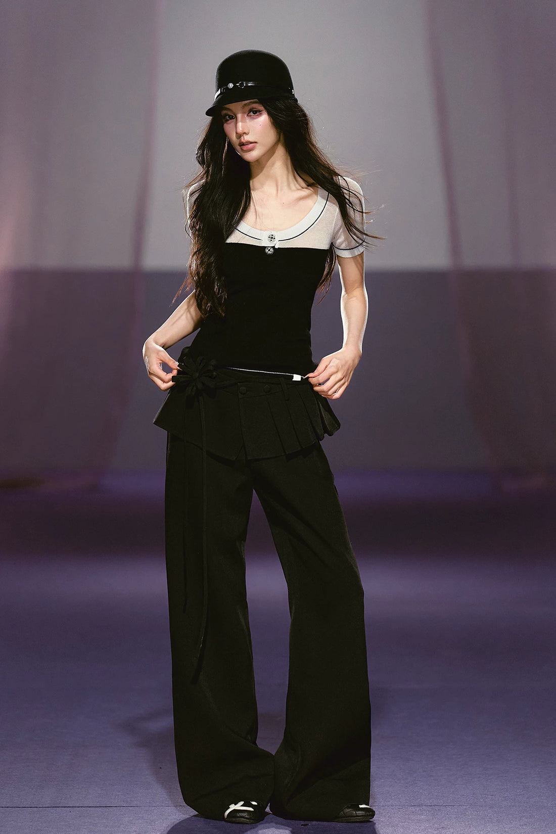Pleated Faux-Layer Tailored Straight-Leg Trousers