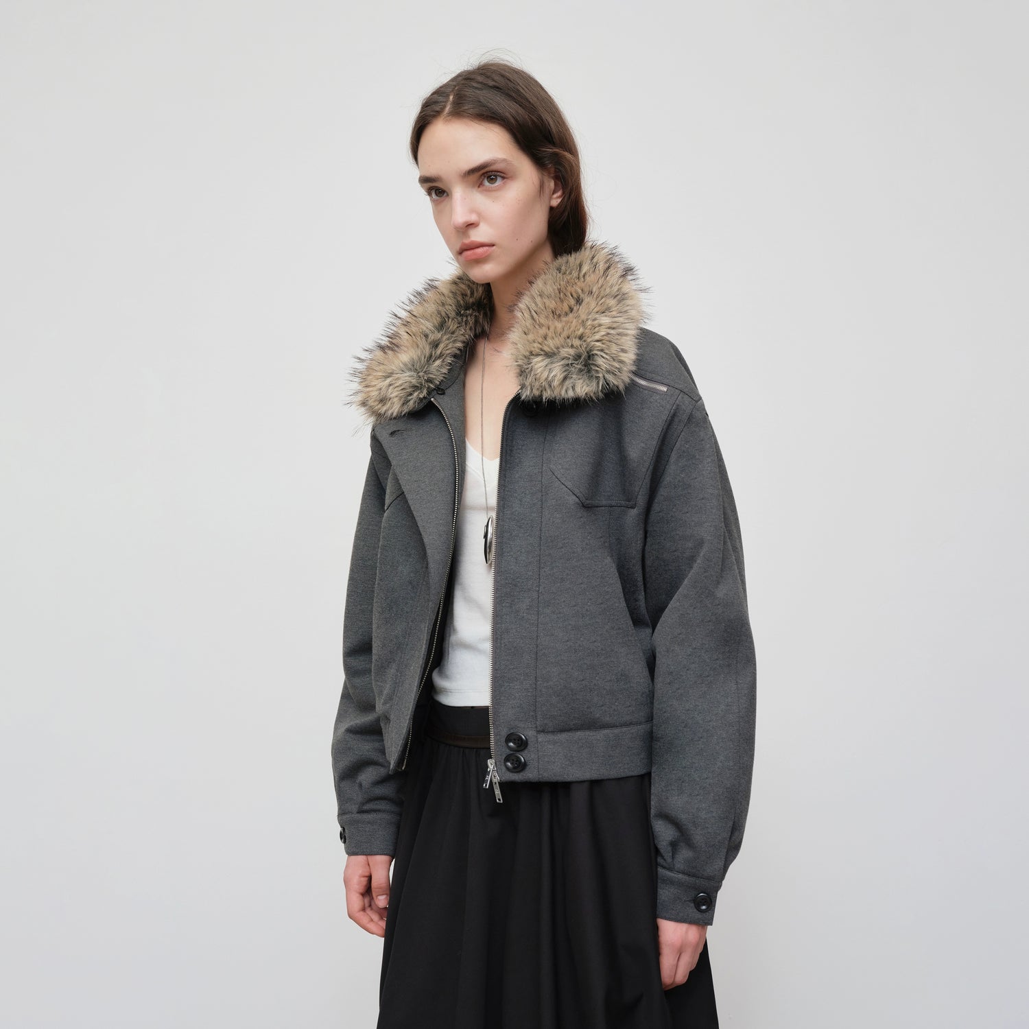 Detachable Fur Collar Knit Zip-Up Jacket