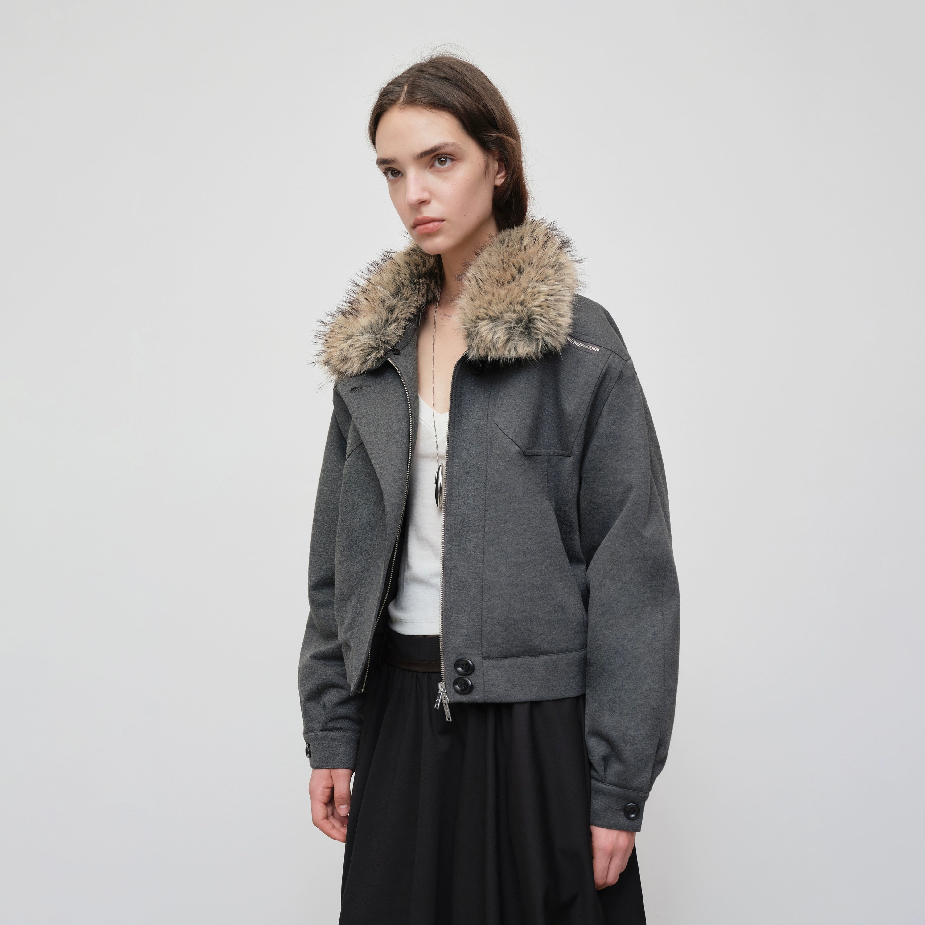 Detachable Fur Collar Knit Zip-Up Jacket
