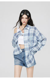 Blue Plaid Embroidered Sunscreen Shirt - CHINASQUAD