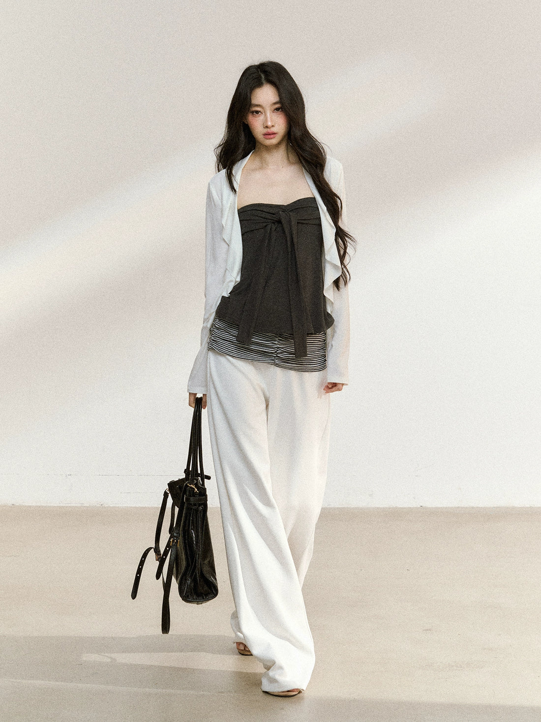 Striped Waist Panel Relaxed Straight-Leg Trousers