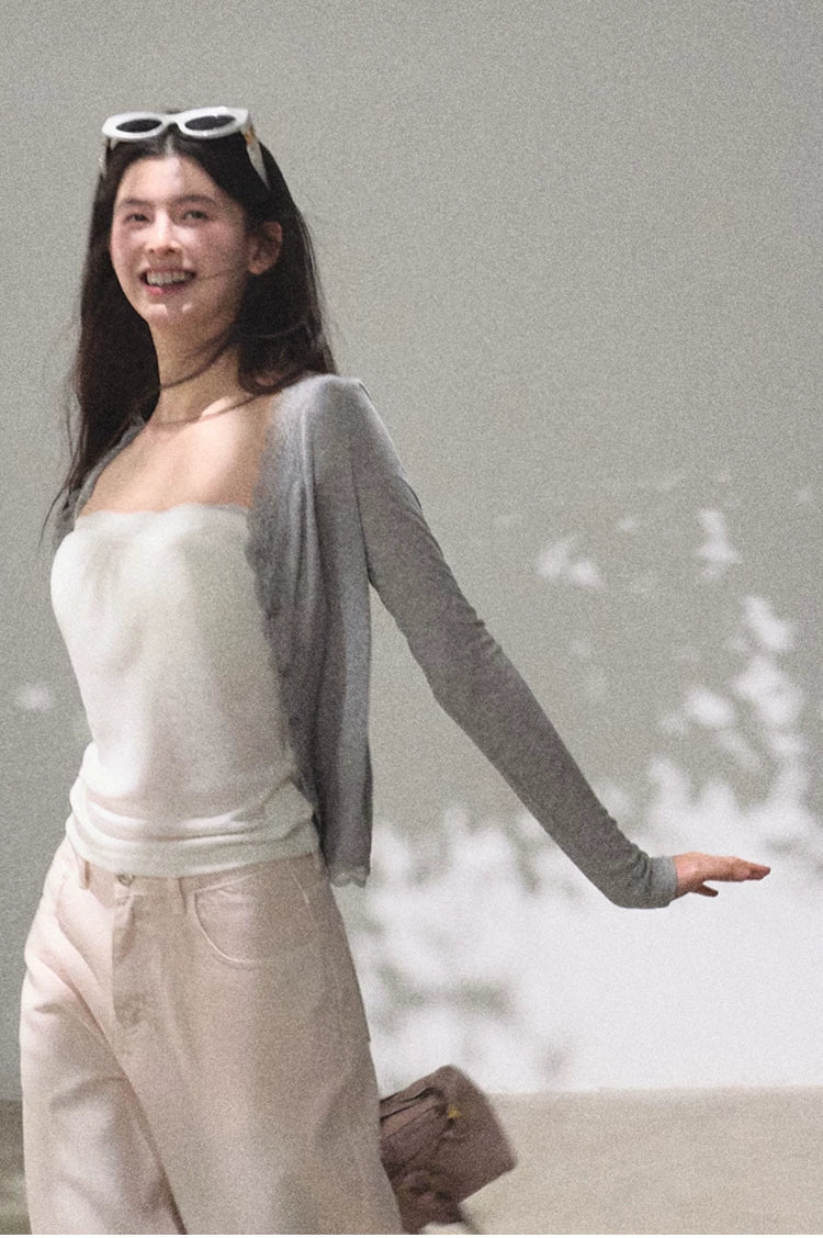 Lyocell Wool Lace-Trim Fitted Knit Cardigan