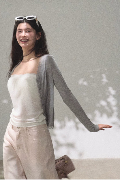Lyocell Wool Lace-Trim Fitted Knit Cardigan