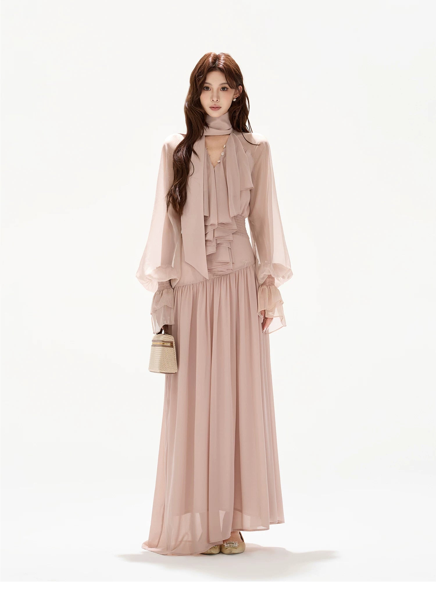 V-Neck Lantern Sleeve Maxi Dress