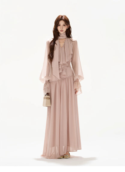 V-Neck Lantern Sleeve Maxi Dress
