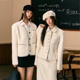 White Slim Woolen Jacket & Skirt Set - CHINASQUAD