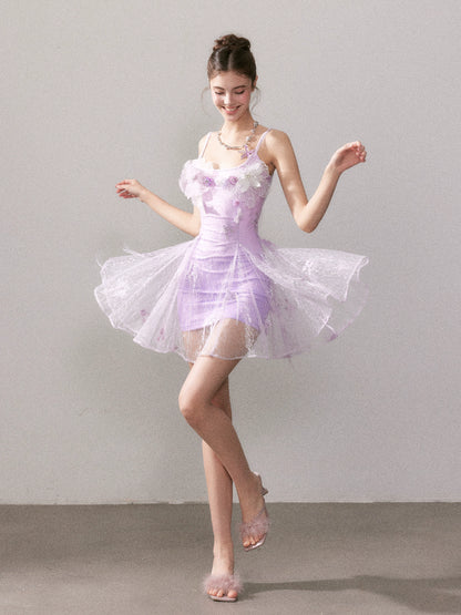 Purple Gradient Embroidered Lace Dress - CHINASQUAD